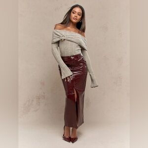 Missguided shiny black faux leather maxi skirt with front slit US Size 6